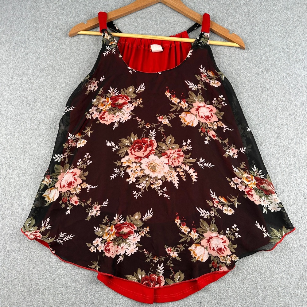 Fashion Gold Tank Top Womens XL 2641 Red Floral Chiffon Layered Sleeveless